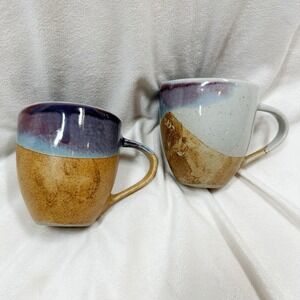 Set /2 World Market Pottery Coffee Mug Blue Purple Rustic Country Stoneware 3.5"